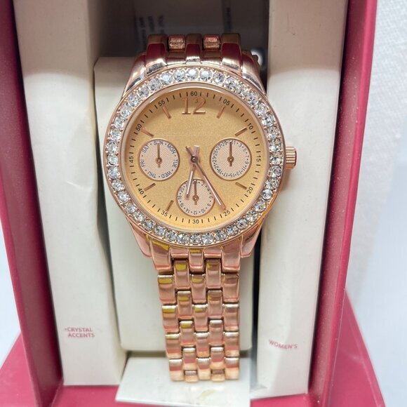 Merona Rose Gold-Tone Crystal Inlay Analog Womens Watch New - Picture 3 of 10
